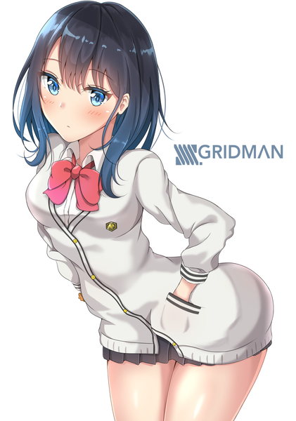 Anime-Bild 900x1283 mit gridman universe ssss.gridman studio trigger takarada rikka sunsun2812 single long hair tall image looking at viewer blush fringe short hair blue eyes black hair simple background hair between eyes standing white background leaning leaning forward