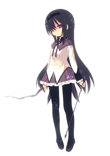 Anime picture 707x1000 with mahou shoujo madoka magica shaft (studio) akemi homura kiira single long hair tall image looking at viewer fringe black hair simple background white background purple eyes hair over one eye girl weapon pantyhose eyepatch bow (weapon) arrow (arrows)