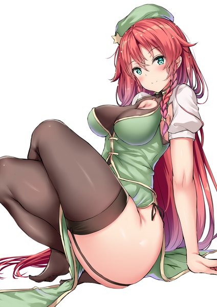 Anime-Bild 885x1252 mit touhou hong meiling yukishiro arute single long hair tall image looking at viewer blush fringe breasts light erotic simple background smile hair between eyes large breasts white background sitting cleavage red hair braid (braids)