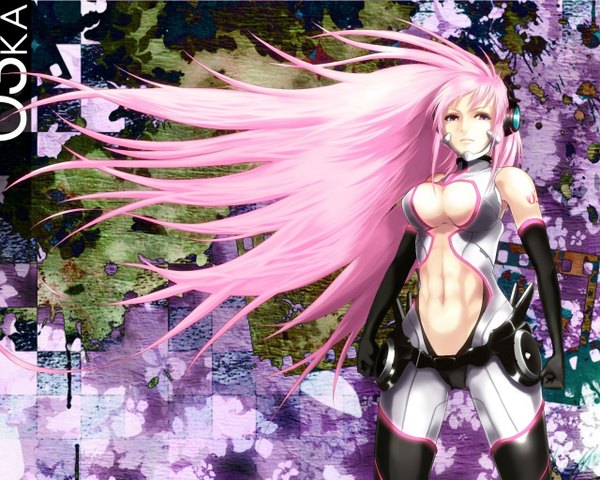 Anime picture 1280x1024 with vocaloid megurine luka single long hair looking at viewer fringe breasts light erotic purple eyes bare shoulders pink hair very long hair tattoo muscle checkered girl gloves navel petals elbow gloves