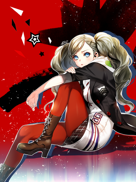 Anime picture 1200x1600 with persona 5 persona takamaki anne eu (euspia) single long hair tall image fringe blue eyes blonde hair sitting twintails signed looking away red background girl dress pantyhose boots hairclip