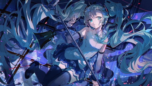 Anime picture 1760x1000 with vocaloid hatsune miku hatsune miku (nt) kanose single highres wide image twintails looking away very long hair aqua eyes aqua hair zettai ryouiki girl thighhighs skirt black thighhighs detached sleeves miniskirt transparent clothing