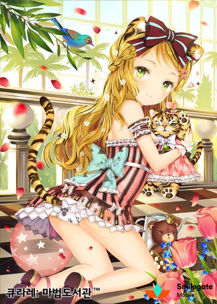 Anime picture 904x1265 with original dangmill single long hair tall image looking at viewer light erotic blonde hair green eyes animal ears tail animal tail pantyshot girl dress underwear panties flower (flowers) bow hair bow