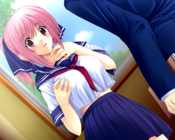 Anime picture 1280x1024 with temptation temptation h kirihara mana iizuki tasuku blush short hair pink hair pink eyes skirt uniform school uniform serafuku