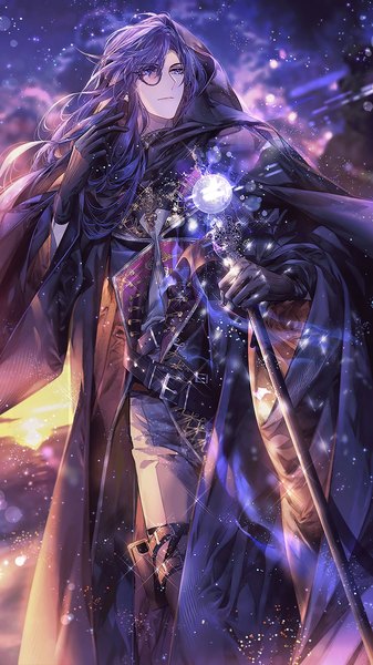 Anime picture 1282x2280 with for all time clarence (for all time) ena (enaa97) single long hair tall image blue eyes standing looking away purple hair official art sparkle magic glowing glowing weapon boy gloves weapon black gloves belt