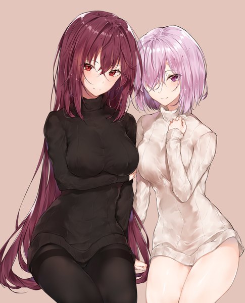 Anime picture 1295x1600 with fate (series) fate/grand order mash kyrielight scathach (fate) (all) scathach (fate) hplay (kyoshinou) long hair tall image looking at viewer blush fringe short hair breasts light erotic simple background smile hair between eyes red eyes brown hair large breasts