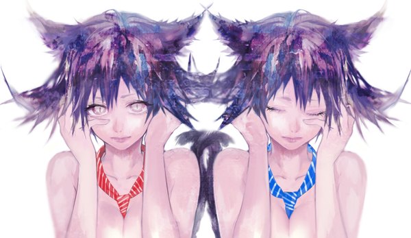 Anime picture 1380x800 with original tcb (pixiv) fringe short hair breasts light erotic simple background wide image white background purple eyes multiple girls animal ears purple hair eyes closed animal tail cat ears cat girl cat tail twins girl