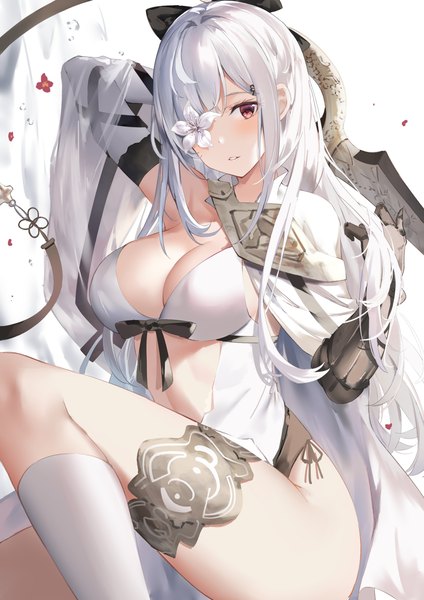 Anime picture 1060x1500 with drakengard 3 drakengard zero (drag-on dragoon) suzuame yatsumi single long hair tall image looking at viewer blush fringe breasts light erotic simple background red eyes large breasts white background sitting cleavage silver hair bent knee (knees)