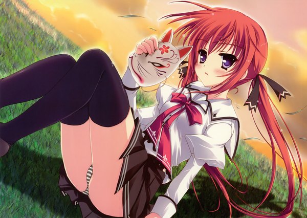 Anime picture 4372x3106 with original hinamatsuri touko single long hair looking at viewer blush highres open mouth light erotic sitting twintails purple eyes absurdres sky cloud (clouds) red hair cameltoe pantyshot sitting striped girl