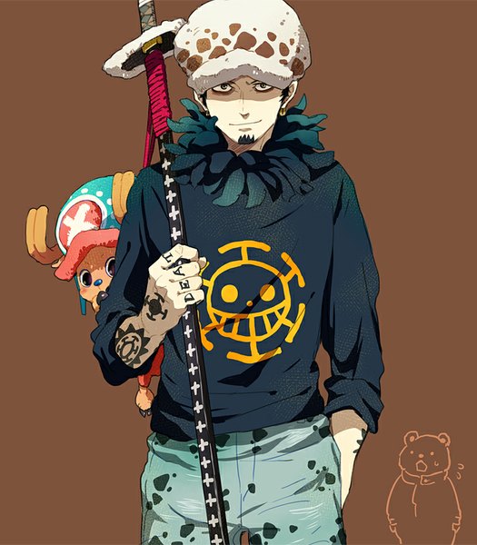 Anime-Bild 700x800 mit one piece toei animation tony tony chopper trafalgar law bepo guttary tall image looking at viewer short hair black hair simple background smile tattoo hand in pocket brown background surprised weapon hat earrings animal