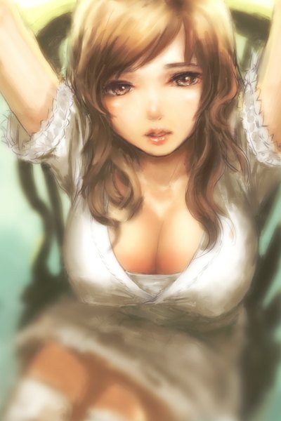 Anime picture 600x900 with kaburagi yasutaka single long hair tall image looking at viewer breasts light erotic brown hair large breasts sitting brown eyes bent knee (knees) parted lips from above arms up girl dress white dress