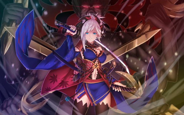 Anime picture 3200x2000 with fate (series) fate/grand order miyamoto musashi (fate) bakanoe looking at viewer fringe highres breasts light erotic smile large breasts standing bare shoulders holding payot silver hair ponytail traditional clothes japanese clothes arm up