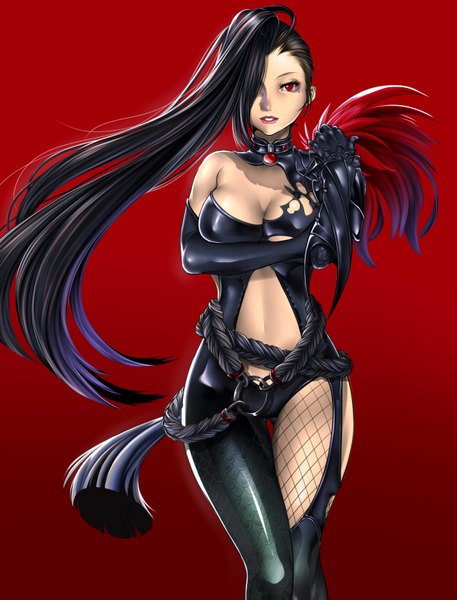 Anime picture 1280x1680 with blade & soul ran yu (blade and soul) rumutan single long hair tall image looking at viewer fringe breasts light erotic black hair red eyes large breasts standing purple hair nipples parted lips multicolored hair lips hair over one eye