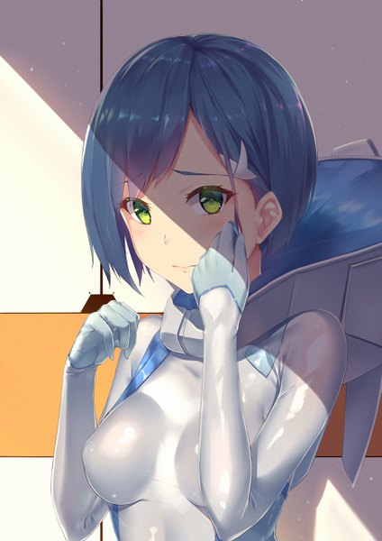 Anime picture 1810x2560 with darling in the franxx studio trigger ichigo (darling in the franxx) sgt-jz single tall image looking at viewer blush highres short hair breasts standing green eyes blue hair upper body light smile shaded face girl hair ornament bodysuit