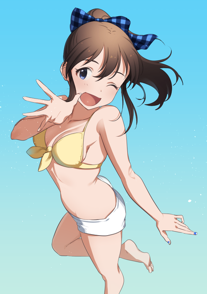 Anime picture 634x900 with idolmaster idolmaster million live! satake minako mimizubare single long hair tall image breasts open mouth blue eyes light erotic simple background brown hair standing bent knee (knees) nail polish one eye closed barefoot from above wink