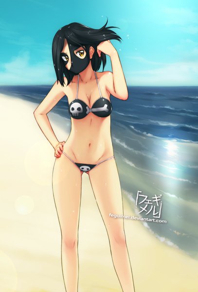 Anime picture 678x1000 with original feguimel single tall image short hair breasts light erotic black hair yellow eyes looking away bare belly hand on hip groin ass visible through thighs girl navel swimsuit bikini sea black bikini