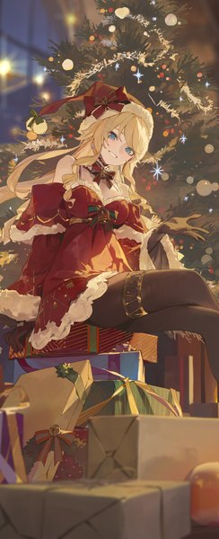 Anime picture 2494x6121 with genshin impact navia (genshin impact) modare single long hair tall image looking at viewer highres blue eyes blonde hair smile sitting indoors grin crossed legs drill hair christmas girl gloves hat