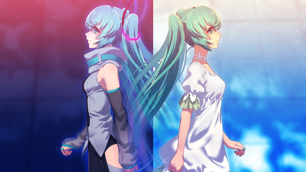 Anime picture 1920x1080 with vocaloid hatsune miku matsuda toki long hair blush fringe highres breasts simple background hair between eyes wide image standing twintails bare shoulders multiple girls payot looking away nail polish profile aqua eyes