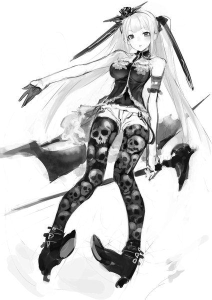 Anime picture 1024x1450 with original ricci single long hair tall image looking at viewer fringe breasts light erotic twintails bare shoulders holding white hair black eyes high heels outstretched arm monochrome skull print girl gloves