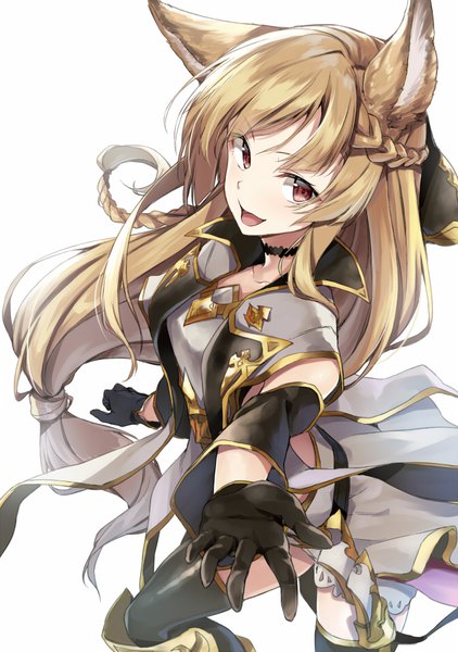 Anime picture 670x952 with granblue fantasy yuisis (granblue fantasy) kakao rantan single long hair tall image looking at viewer blush fringe open mouth smile red eyes brown hair standing white background animal ears braid (braids) standing on one leg low ponytail leg lift (legs lift)