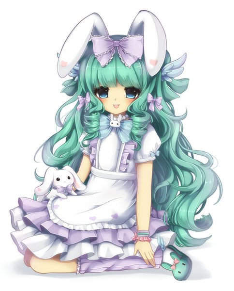 Anime picture 1402x1738 with midna01 single long hair tall image looking at viewer blush fringe blue eyes simple background smile white background animal ears green hair bunny ears bunny girl girl dress bow hair bow animal