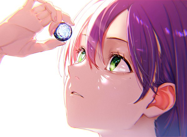 Anime picture 1226x900 with original dejio single fringe short hair simple background hair between eyes white background holding green eyes purple hair parted lips arm up fingernails mole mole under eye light looking up face girl