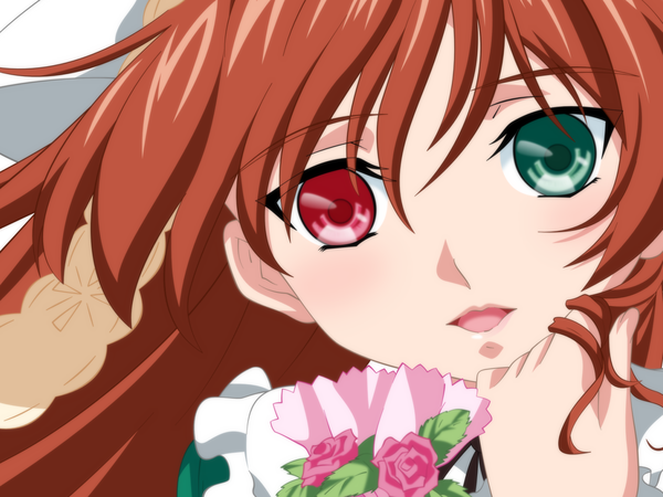 Anime picture 1600x1200 with rozen maiden suiseiseki heterochromia close-up cum on face flower (flowers)