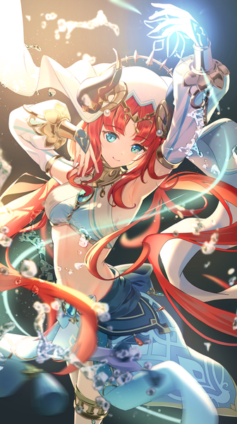 Anime picture 2879x5145 with genshin impact nilou (genshin impact) komiya latte single long hair tall image looking at viewer fringe highres smile twintails red hair blunt bangs long sleeves arm up horn (horns) aqua eyes armpit (armpits) midriff low twintails