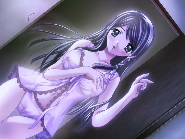 Anime picture 1024x768 with maroon grace (game) light erotic green eyes game cg purple hair girl underwear panties
