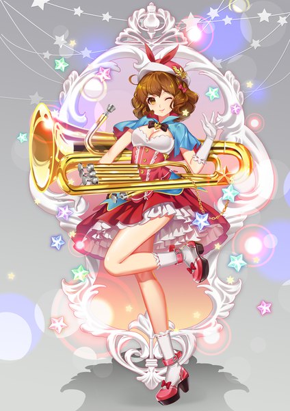 Anime picture 2067x2923 with hibike! euphonium kyoto animation oumae kumiko littleamber single tall image looking at viewer highres short hair brown hair brown eyes one eye closed wink girl dress gloves white gloves star (symbol) musical instrument euphonium