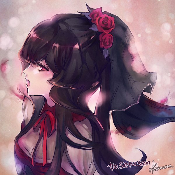 イラスト 1000x1000 と ic-kaname ソロ 長髪 赤面 開いた口 黒髪 simple background 赤い目 signed hair flower teeth fang (fangs) 女の子 髪飾り 花 薔薇 ヴェール