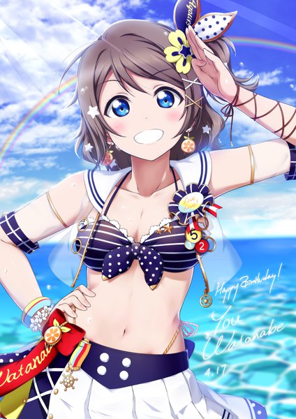 Anime picture 1447x2046 with love live! sunshine!! sunrise (studio) love live! watanabe you shiimai single tall image looking at viewer blush fringe short hair breasts blue eyes light erotic smile standing sky cleavage cloud (clouds) outdoors