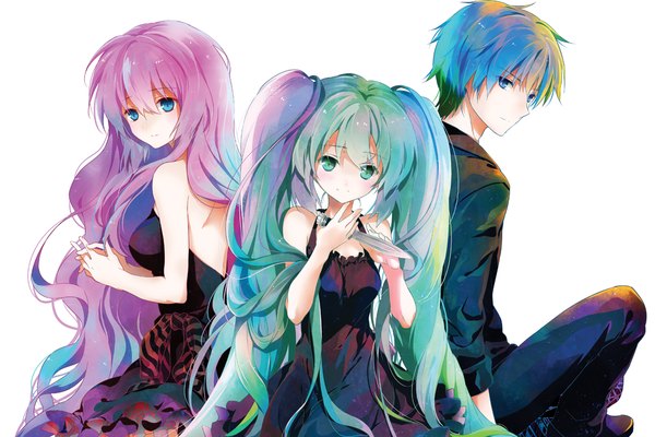 Anime picture 1103x736 with vocaloid acute (vocaloid) hatsune miku megurine luka kaito (vocaloid) shiori asahina long hair blush fringe short hair breasts simple background white background twintails holding green eyes blue hair looking away pink hair bent knee (knees)