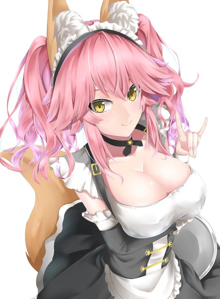 Anime picture 2307x3141 with fate (series) fate/extra tamamo (fate) (all) tamamo no mae (fate) kamehito single long hair tall image looking at viewer blush fringe highres breasts light erotic simple background smile hair between eyes large breasts standing white background