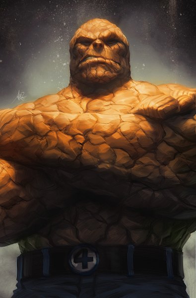 Anime-Bild 856x1300 mit fantastic four marvel comics the thing artgerm (stanley lau) single tall image looking at viewer simple background standing signed realistic crossed arms angry clenched teeth bald superhero boy belt jeans