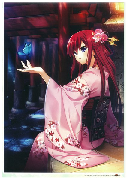 Anime picture 1270x1801 with grisaia no kajitsu suou amane fumio (ura fmo) single long hair tall image blue eyes sitting red hair traditional clothes parted lips japanese clothes scan floral print border outstretched hand girl hair ornament kimono insect