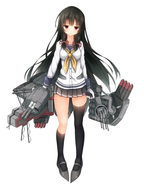 Anime picture 824x1059 with kantai collection isokaze destroyer mizushina minato single long hair tall image looking at viewer black hair simple background red eyes white background pleated skirt tress ribbon girl thighhighs skirt gloves ribbon (ribbons) weapon black thighhighs