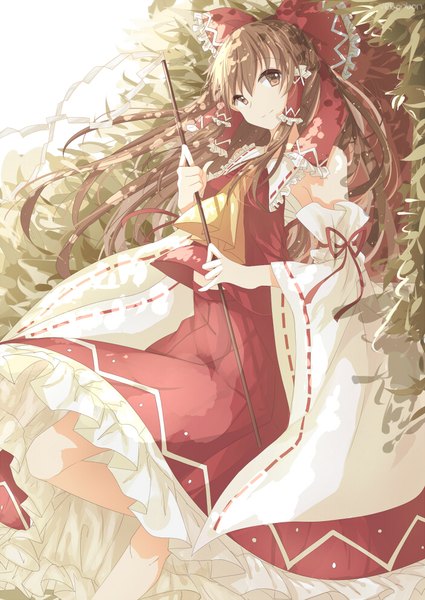 Anime picture 700x989 with touhou hakurei reimu venn (vebonbon) single long hair tall image looking at viewer simple background smile brown hair standing white background bare shoulders brown eyes bent knee (knees) traditional clothes japanese clothes wind wide sleeves nontraditional miko