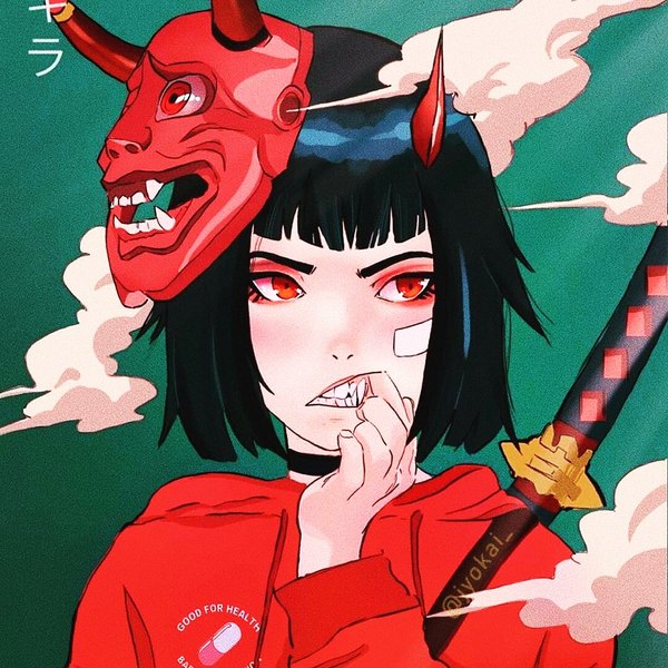 Anime picture 1080x1080 with original jyokai single blush fringe short hair black hair simple background red eyes signed looking away upper body blunt bangs teeth fang (fangs) eyeshadow sheathed mask on head green background bandaid on face