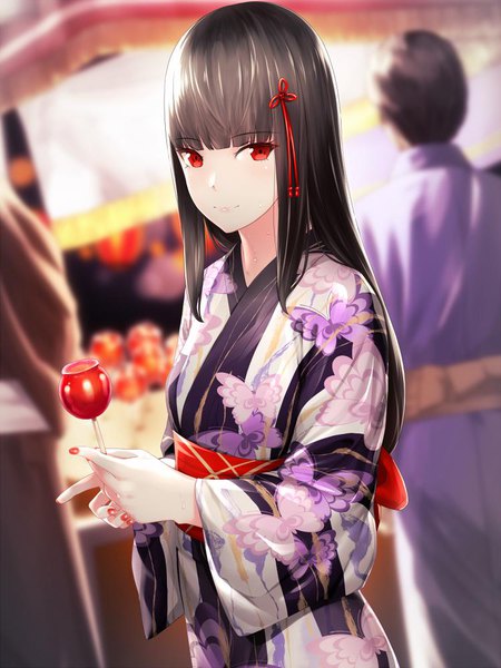 Anime picture 750x1000 with sennen sensou aigis shino (sennen sensou aigis) kageshio (276006) long hair tall image looking at viewer fringe black hair red eyes standing holding payot blunt bangs nail polish traditional clothes japanese clothes light smile wide sleeves depth of field solo focus