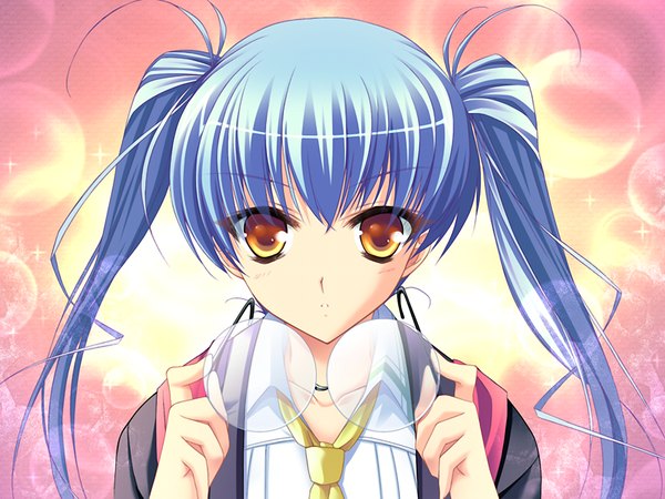 Anime picture 1024x768 with moekoi ishin! (game) twintails yellow eyes blue hair game cg girl glasses