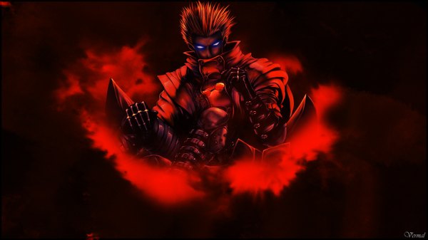Anime picture 1366x768 with trigun vash the stampede vermal21 single highres short hair blue eyes simple background blonde hair wide image sitting holding wallpaper glowing dark background striped glowing eye (eyes) red background fog demon eyes