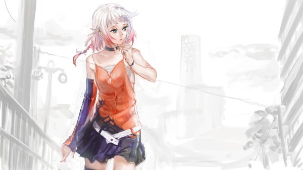 Anime picture 1200x675 with cevio one (cevio) yamakawa umi single fringe short hair blue eyes wide image bare shoulders looking away outdoors white hair red hair blunt bangs braid (braids) multicolored hair gradient hair side braid girl skirt