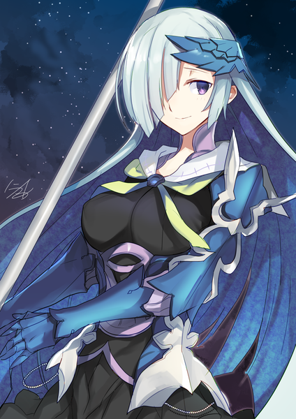 Anime picture 868x1228 with fate (series) fate/grand order brynhildr (fate) nikame single long hair tall image looking at viewer fringe breasts blue eyes smile large breasts purple eyes blue hair looking away white hair multicolored hair hair over one eye night