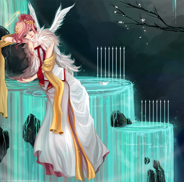 Anime picture 1493x1483 with original jinkimania (artist) single sitting pink hair nail polish lips grey eyes cherry blossoms angel wings angel waterfall girl dress petals water halo