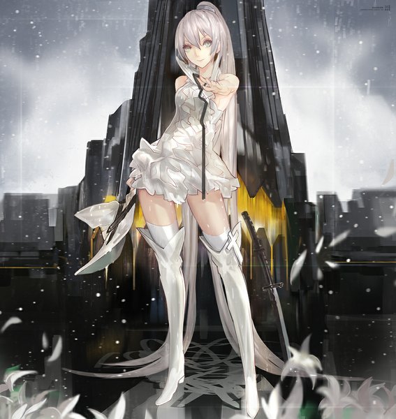 Anime picture 946x1000 with original pixiv fantasia pixiv fantasia fallen kings kiwamu single tall image looking at viewer white hair ponytail very long hair grey eyes snowing hat removed girl thighhighs dress flower (flowers) weapon hat petals