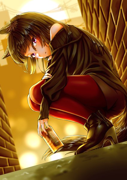 Anime picture 2894x4093 with original routo (rot 0) single long hair tall image looking at viewer fringe highres black hair hair between eyes holding animal ears parted lips pink eyes cat ears off shoulder from below high heels thighs evening