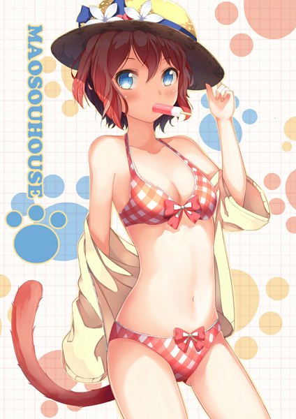 Anime picture 800x1131 with original liu guniang single tall image short hair blue eyes standing bare shoulders red hair tail animal tail bare belly shadow cat tail footprints girl navel underwear panties flower (flowers)