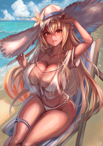 Anime picture 1457x2064 with virtual youtuber hololive shiranui flare denchi more power single long hair tall image looking at viewer fringe breasts open mouth light erotic blonde hair smile hair between eyes red eyes sitting payot sky cleavage