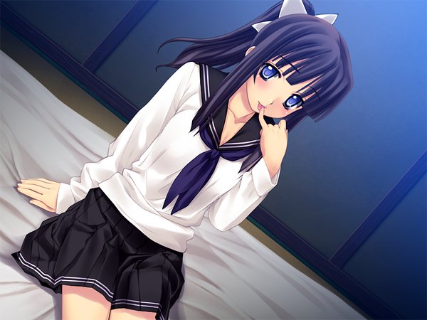 Anime picture 1200x900 with blue eyes black hair game cg ponytail girl serafuku